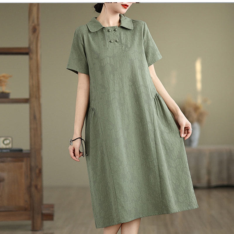 Vestido midi de lino y algodón de manga corta con diseño jacquard liso y bolsillos con Buddha Stones