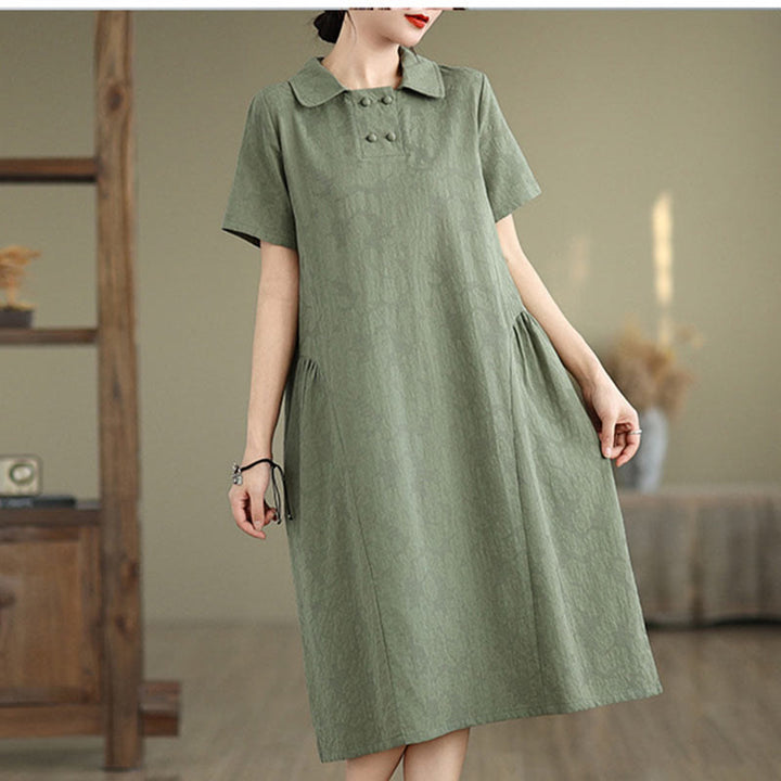 Vestido midi de lino y algodón de manga corta con diseño jacquard liso y bolsillos con Buddha Stones