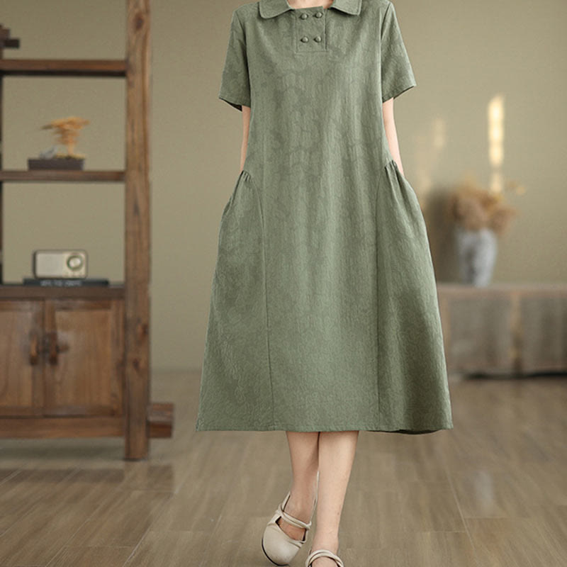 Vestido midi de lino y algodón de manga corta con diseño jacquard liso y bolsillos con Buddha Stones