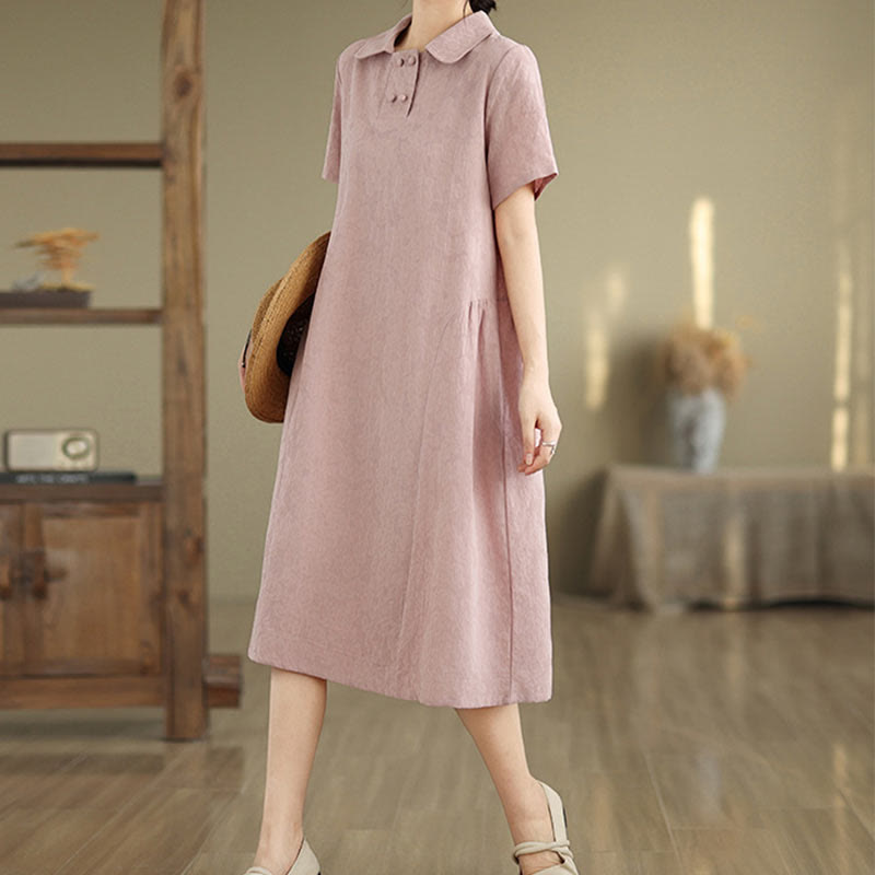 Vestido midi de lino y algodón de manga corta con diseño jacquard liso y bolsillos con Buddha Stones