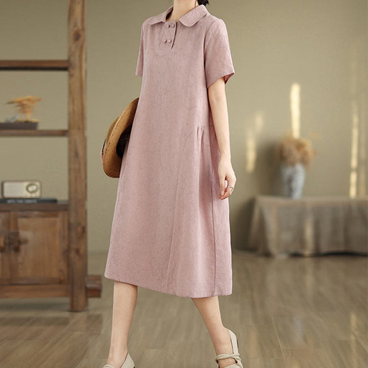 Vestido midi de lino y algodón de manga corta con diseño jacquard liso y bolsillos con Buddha Stones