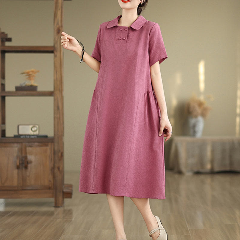Vestido midi de lino y algodón de manga corta con diseño jacquard liso y bolsillos con Buddha Stones