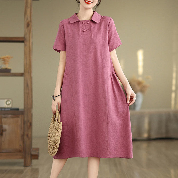 Vestido midi de lino y algodón de manga corta con diseño jacquard liso y bolsillos con Buddha Stones