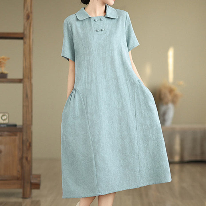 Vestido midi de lino y algodón de manga corta con diseño jacquard liso y bolsillos con Buddha Stones