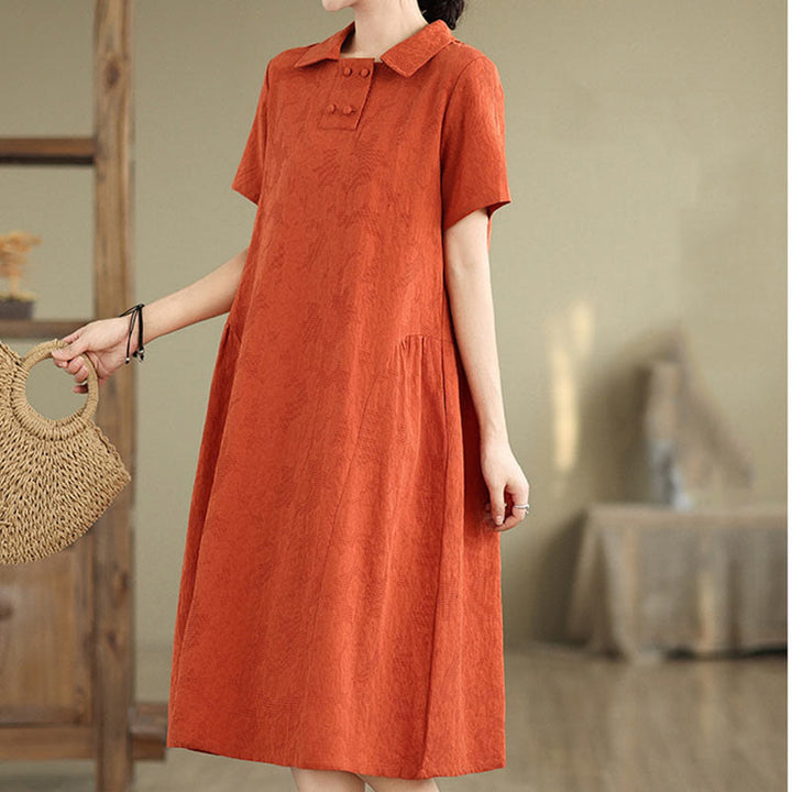 Vestido midi de lino y algodón de manga corta con diseño jacquard liso y bolsillos con Buddha Stones