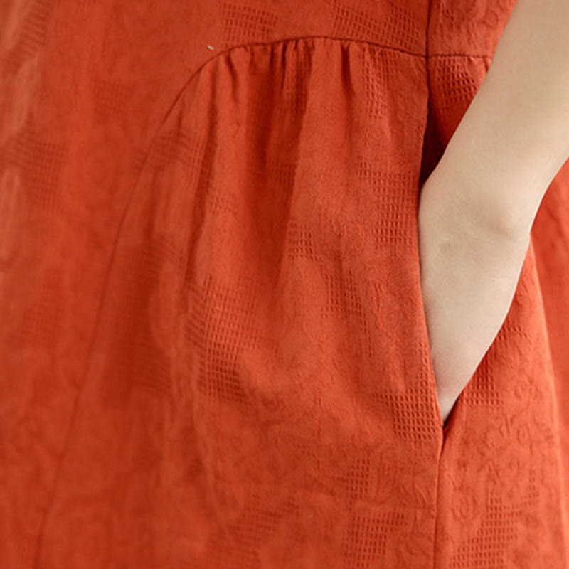 Vestido midi de lino y algodón de manga corta con diseño jacquard liso y bolsillos con Buddha Stones