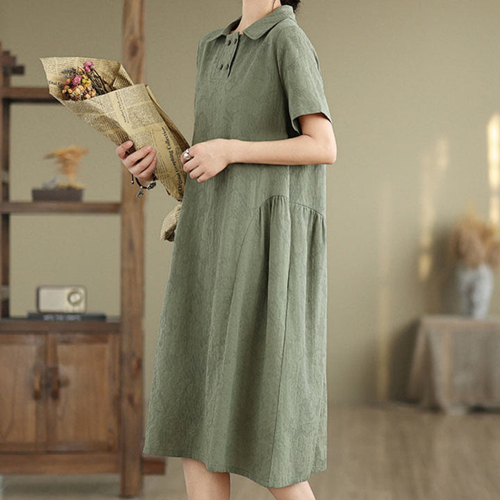 Vestido midi de lino y algodón de manga corta con diseño jacquard liso y bolsillos con Buddha Stones