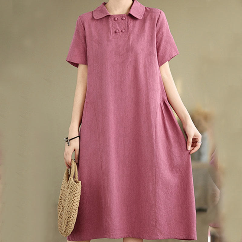 Vestido midi de lino y algodón de manga corta con diseño jacquard liso y bolsillos con Buddha Stones