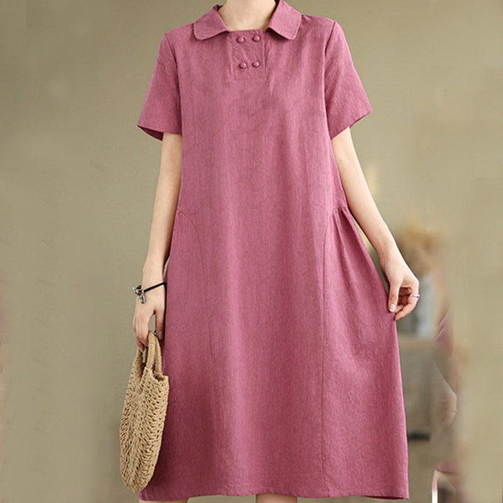 Vestido midi de lino y algodón de manga corta con diseño jacquard liso y bolsillos con Buddha Stones