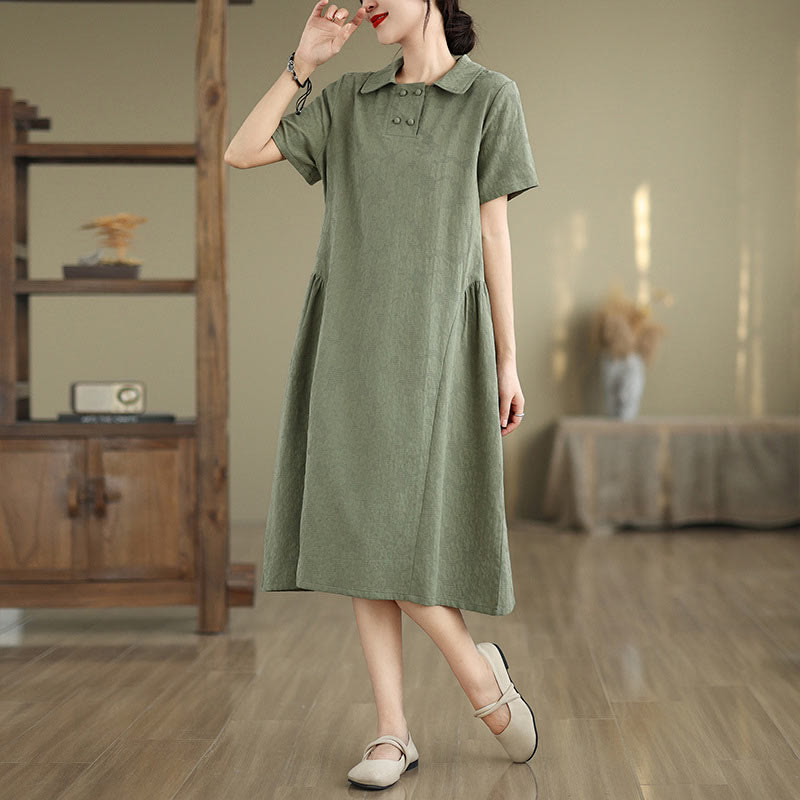 Vestido midi de lino y algodón de manga corta con diseño jacquard liso y bolsillos con Buddha Stones