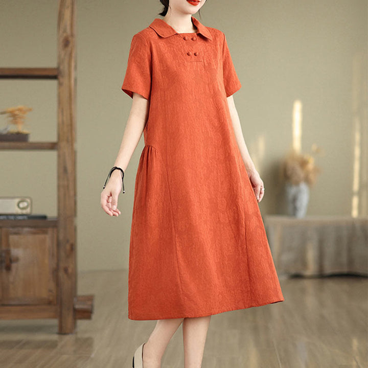 Vestido midi de lino y algodón de manga corta con diseño jacquard liso y bolsillos con Buddha Stones