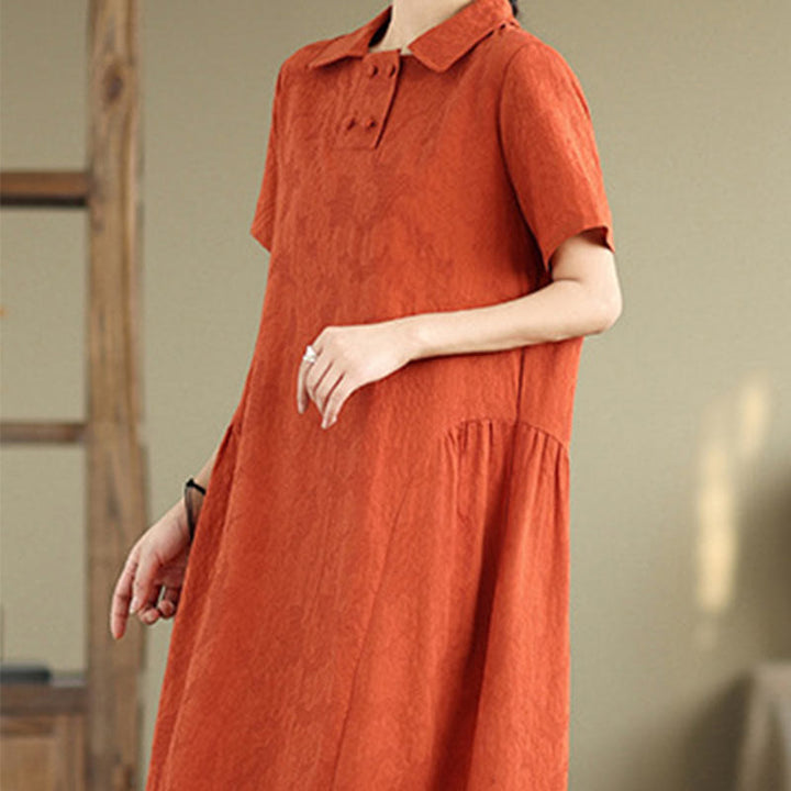 Vestido midi de lino y algodón de manga corta con diseño jacquard liso y bolsillos con Buddha Stones