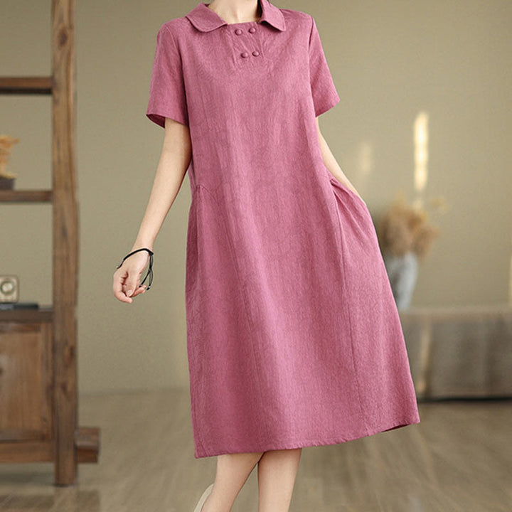 Vestido midi de lino y algodón de manga corta con diseño jacquard liso y bolsillos con Buddha Stones