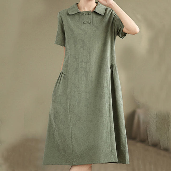 Vestido midi de lino y algodón de manga corta con diseño jacquard liso y bolsillos con Buddha Stones