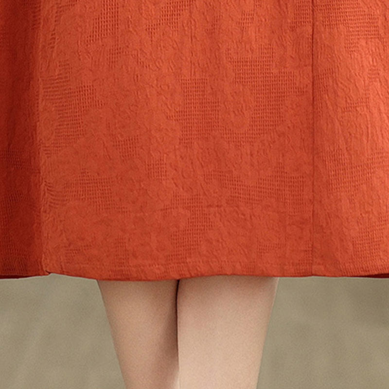 Vestido midi de lino y algodón de manga corta con diseño jacquard liso y bolsillos con Buddha Stones