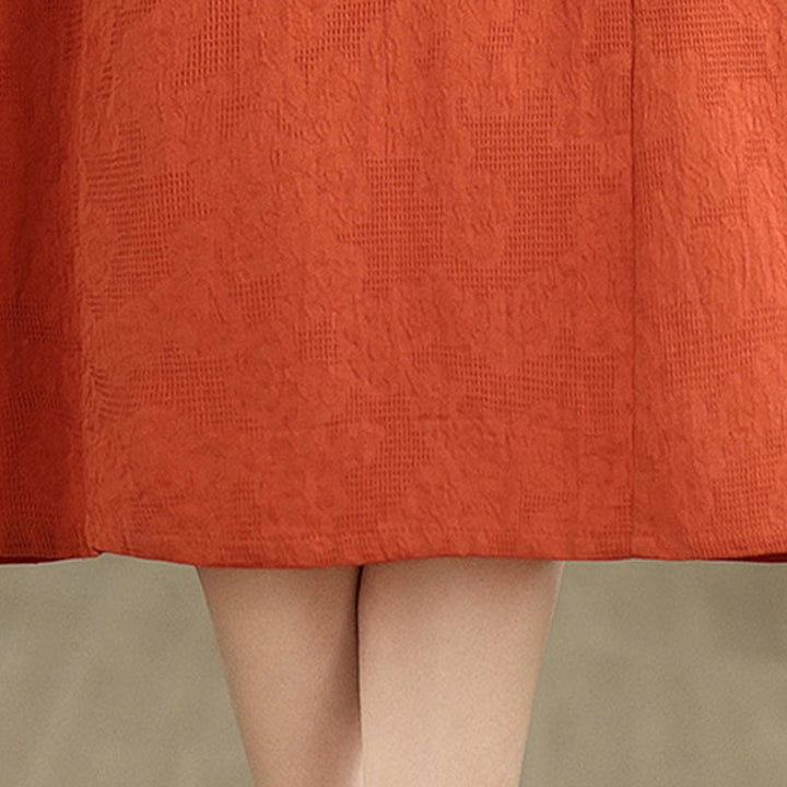 Vestido midi de lino y algodón de manga corta con diseño jacquard liso y bolsillos con Buddha Stones