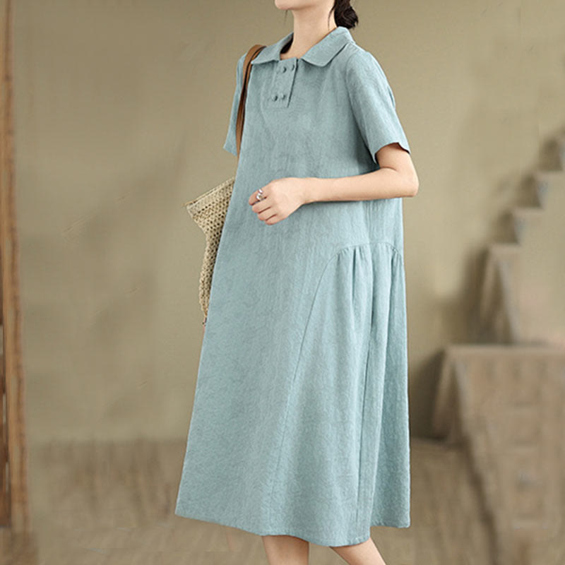 Vestido midi de lino y algodón de manga corta con diseño jacquard liso y bolsillos con Buddha Stones
