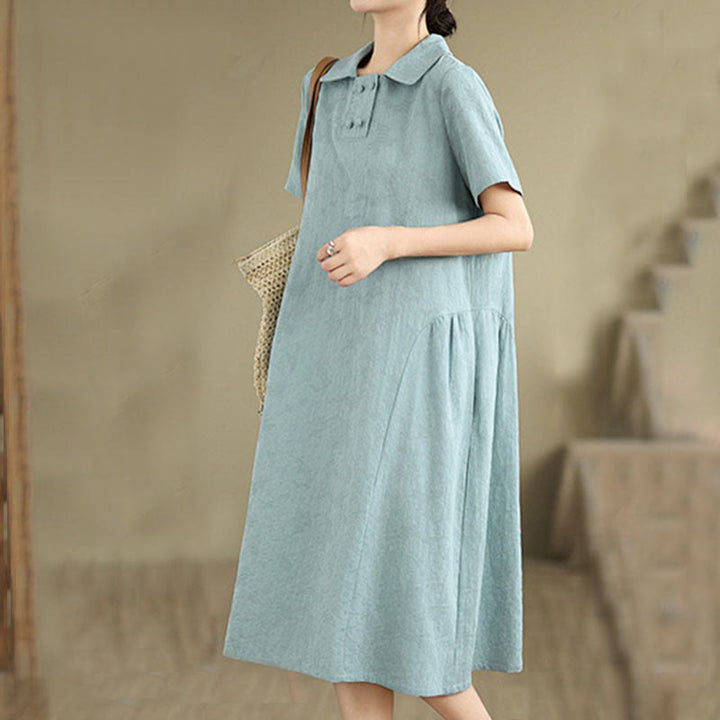 Vestido midi de lino y algodón de manga corta con diseño jacquard liso y bolsillos con Buddha Stones