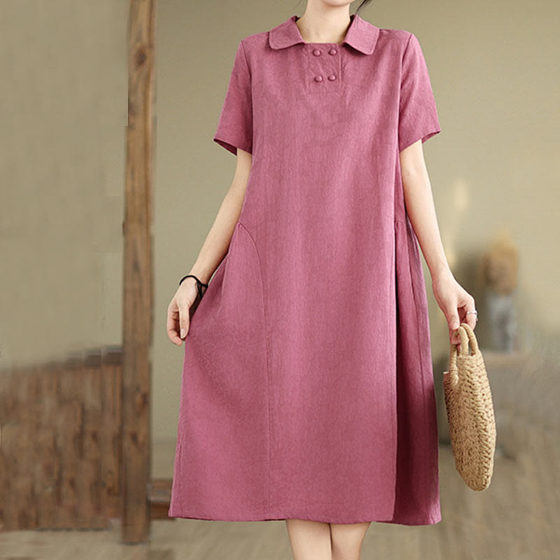 Vestido midi de lino y algodón de manga corta con diseño jacquard liso y bolsillos con Buddha Stones