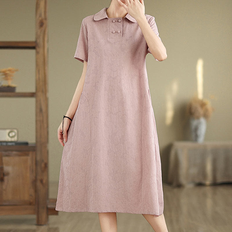 Vestido midi de lino y algodón de manga corta con diseño jacquard liso y bolsillos con Buddha Stones