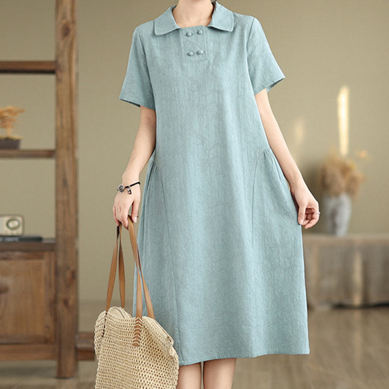 Vestido midi de lino y algodón de manga corta con diseño jacquard liso y bolsillos con Buddha Stones