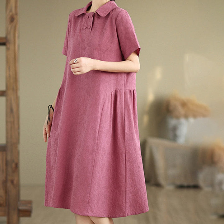 Vestido midi de lino y algodón de manga corta con diseño jacquard liso y bolsillos con Buddha Stones