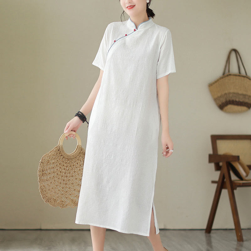 Vestido cheongsam qipao chino de manga corta con bolsillos y estampado de Buddha Stones en color puro. - Blanco - US8-10，UK/AU12-14，EU40-42 (2XL) - image 0
