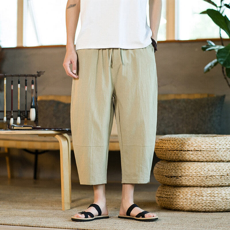 Pantalones harén de lino y algodón con cordón, diseño simple de Buddha Stones, para hombre, de color liso, con bolsillos - image 1