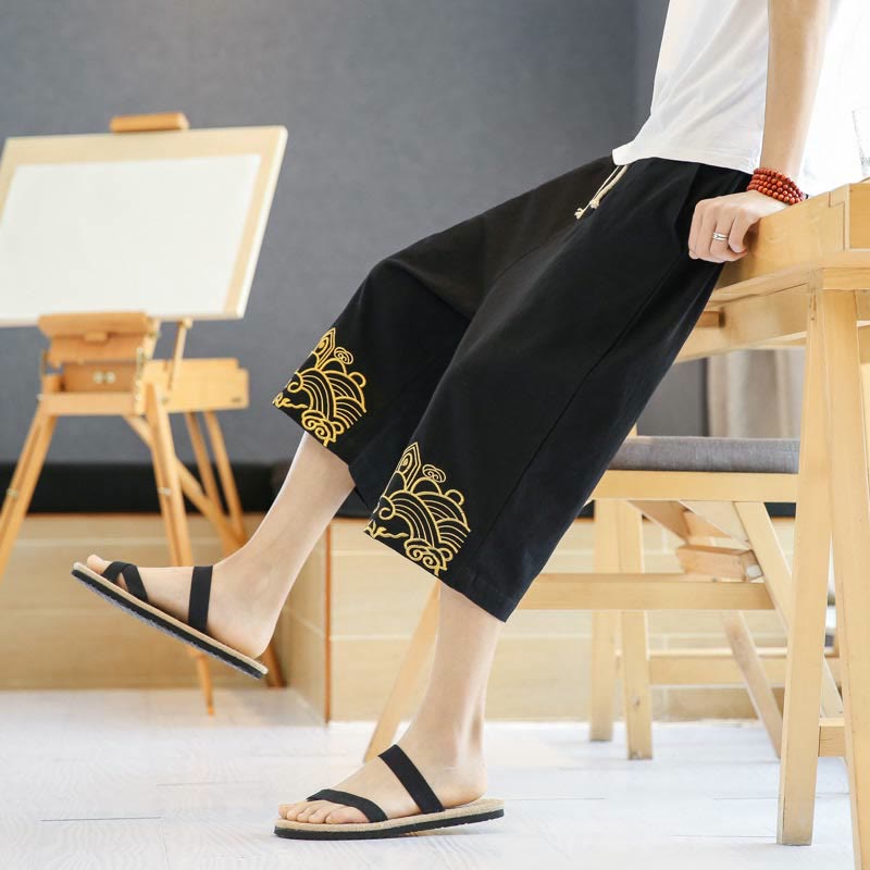 Pantalones harén de lino y algodón con bolsillos para hombre, informales, con bordado de Buddha Stones, de primavera, con cordón ajustable, de largo 7-8 - image 7