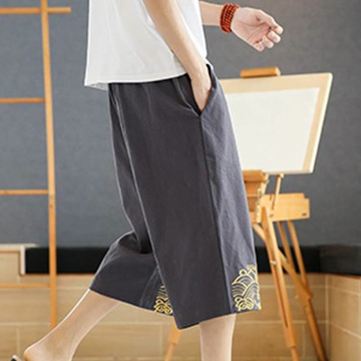 Pantalones harén de lino y algodón con bolsillos para hombre, informales, con bordado de Buddha Stones, de primavera, con cordón ajustable, de largo 7-8 - image 10