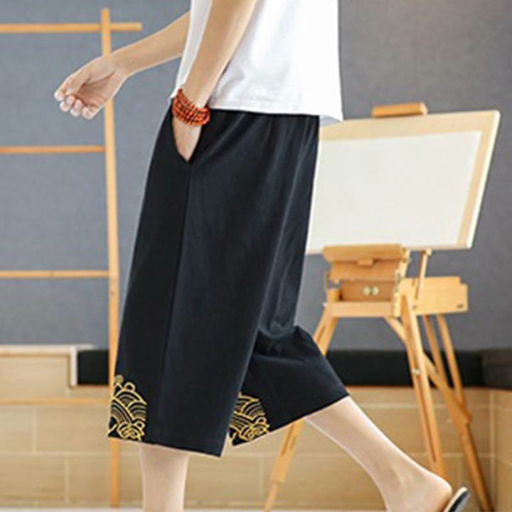 Pantalones harén de lino y algodón con bolsillos para hombre, informales, con bordado de Buddha Stones, de primavera, con cordón ajustable, de largo 7-8 - image 2