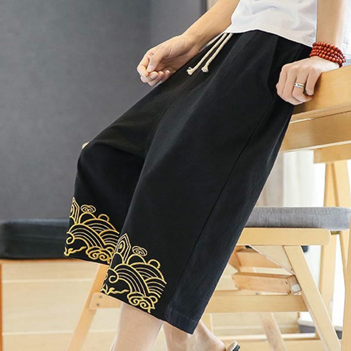 Pantalones harén de lino y algodón con bolsillos para hombre, informales, con bordado de Buddha Stones, de primavera, con cordón ajustable, de largo 7-8 - image 6
