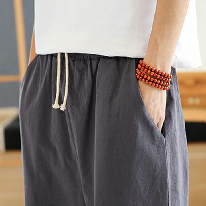 Pantalones harén de lino y algodón con bolsillos para hombre, informales, con bordado de Buddha Stones, de primavera, con cordón ajustable, de largo 7-8 - image 12