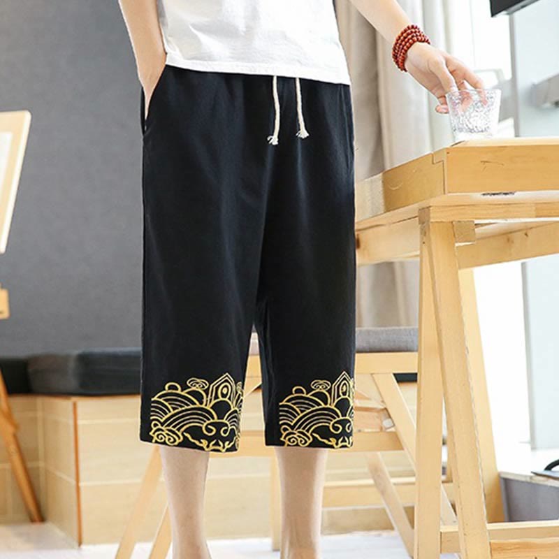 Pantalones harén de lino y algodón con bolsillos para hombre, informales, con bordado de Buddha Stones, de primavera, con cordón ajustable, de largo 7-8 - image 1