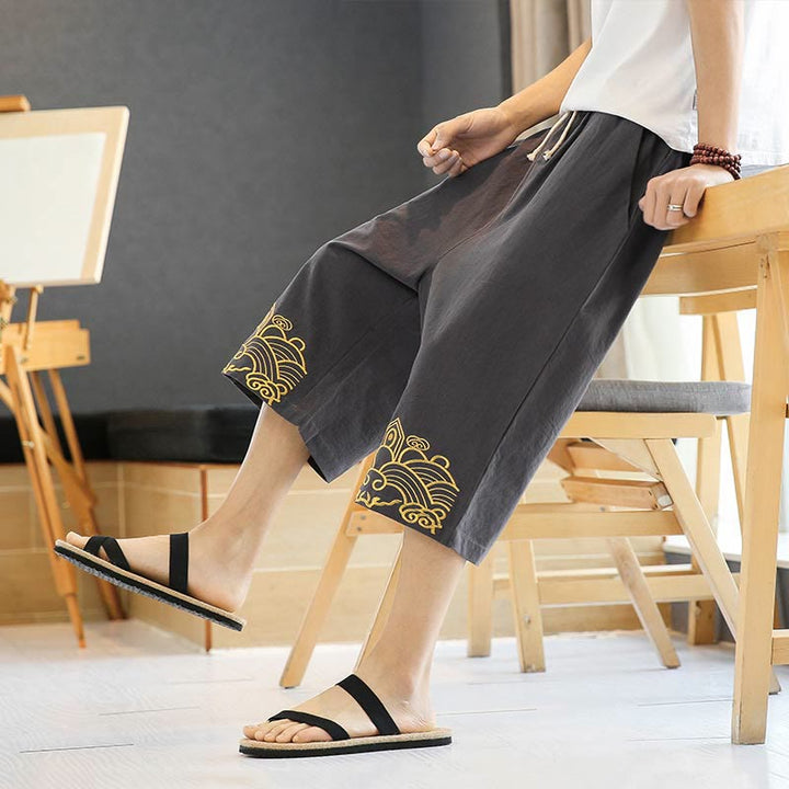 Pantalones harén de lino y algodón con bolsillos para hombre, informales, con bordado de Buddha Stones, de primavera, con cordón ajustable, de largo 7-8 - image 18
