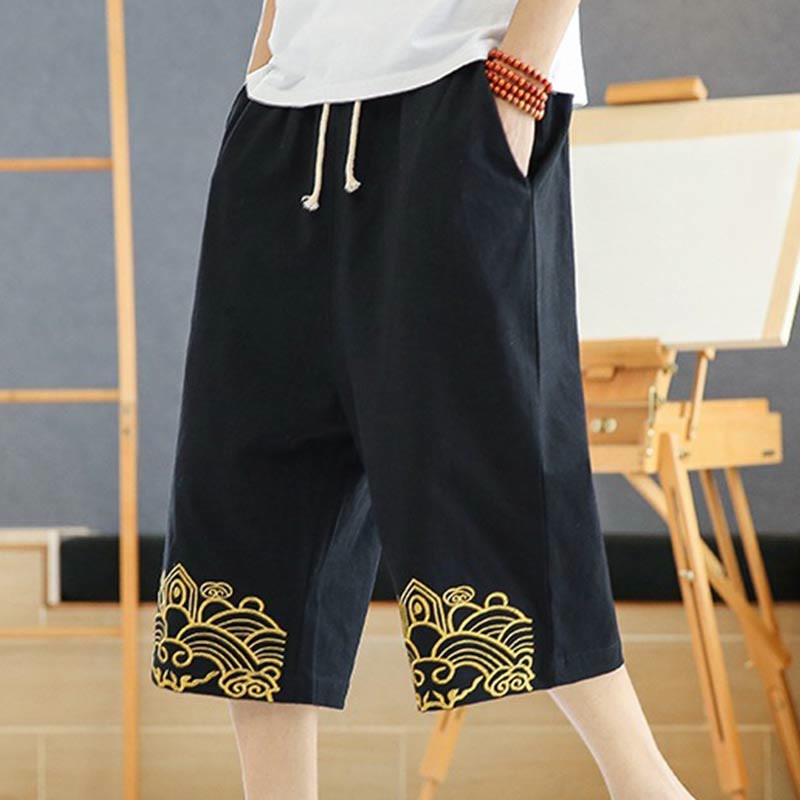 Pantalones harén de lino y algodón con bolsillos para hombre, informales, con bordado de Buddha Stones, de primavera, con cordón ajustable, de largo 7-8 - Negro - US/UK/AU46, EU56 (5XL) - image 0