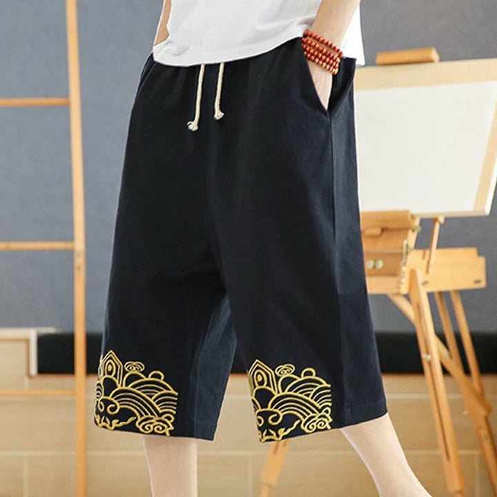 Pantalones harén de lino y algodón con bolsillos para hombre, informales, con bordado de Buddha Stones, de primavera, con cordón ajustable, de largo 7-8 - Negro - US/UK/AU46, EU56 (5XL) - image 0