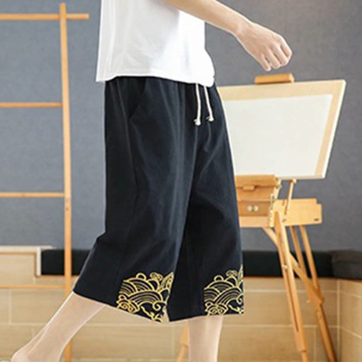 Pantalones harén de lino y algodón con bolsillos para hombre, informales, con bordado de Buddha Stones, de primavera, con cordón ajustable, de largo 7-8 - image 4