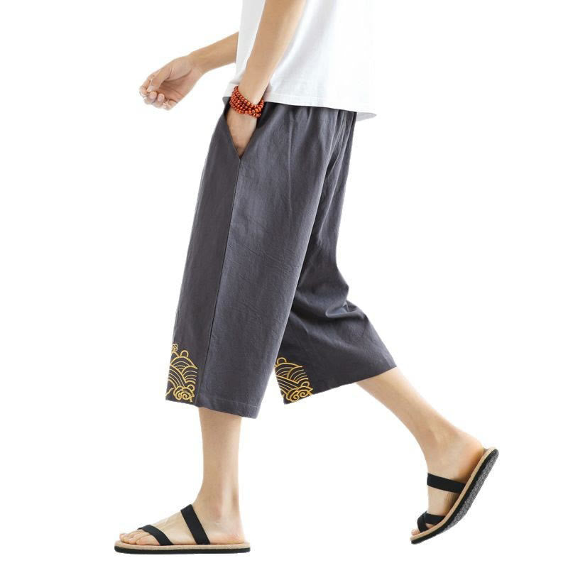 Pantalones harén de lino y algodón con bolsillos para hombre, informales, con bordado de Buddha Stones, de primavera, con cordón ajustable, de largo 7-8 - image 22