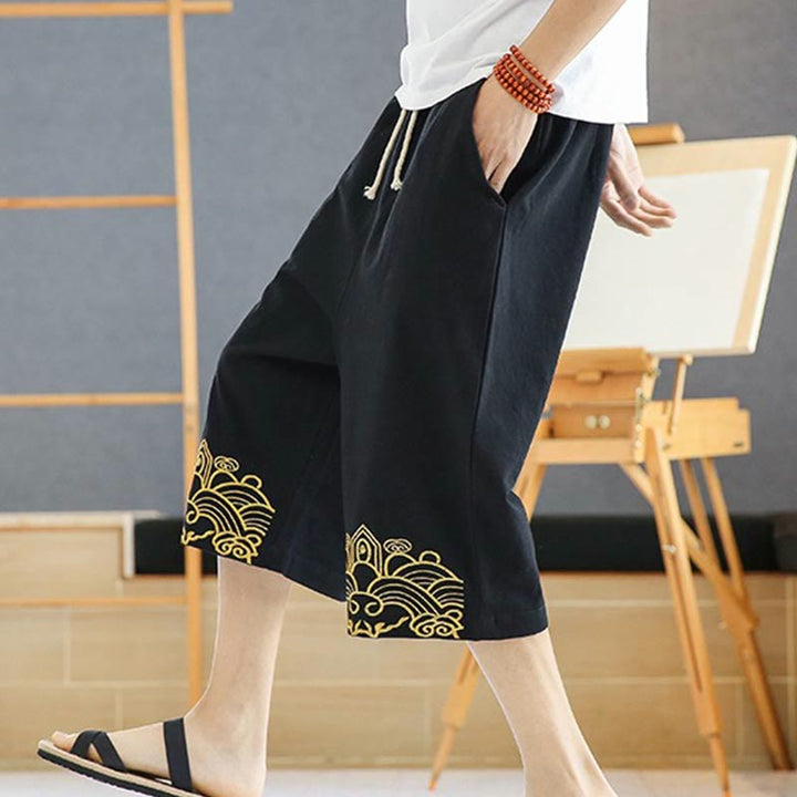 Pantalones harén de lino y algodón con bolsillos para hombre, informales, con bordado de Buddha Stones, de primavera, con cordón ajustable, de largo 7-8 - image 5