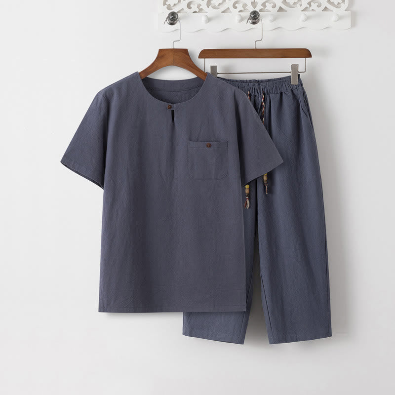 Conjunto de 2 piezas de camiseta de manga corta con estampado de Buddha Stones y pantalones de longitud 7-8, traje Tang de algodón y lino, ropa de meditación para hombre con bolsillos - Camiseta gris pizarra y pantalones gris pizarra - US/UK/AU46, EU56 (5XL) - image 1