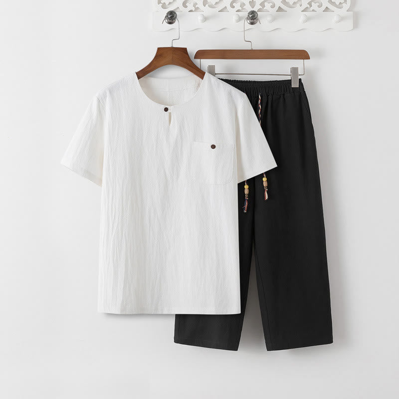 Conjunto de 2 piezas de camiseta de manga corta con estampado de Buddha Stones y pantalones de longitud 7-8, traje Tang de algodón y lino, ropa de meditación para hombre con bolsillos - Camiseta blanca y pantalones negros - US/UK/AU46, EU56 (5XL) - image 15