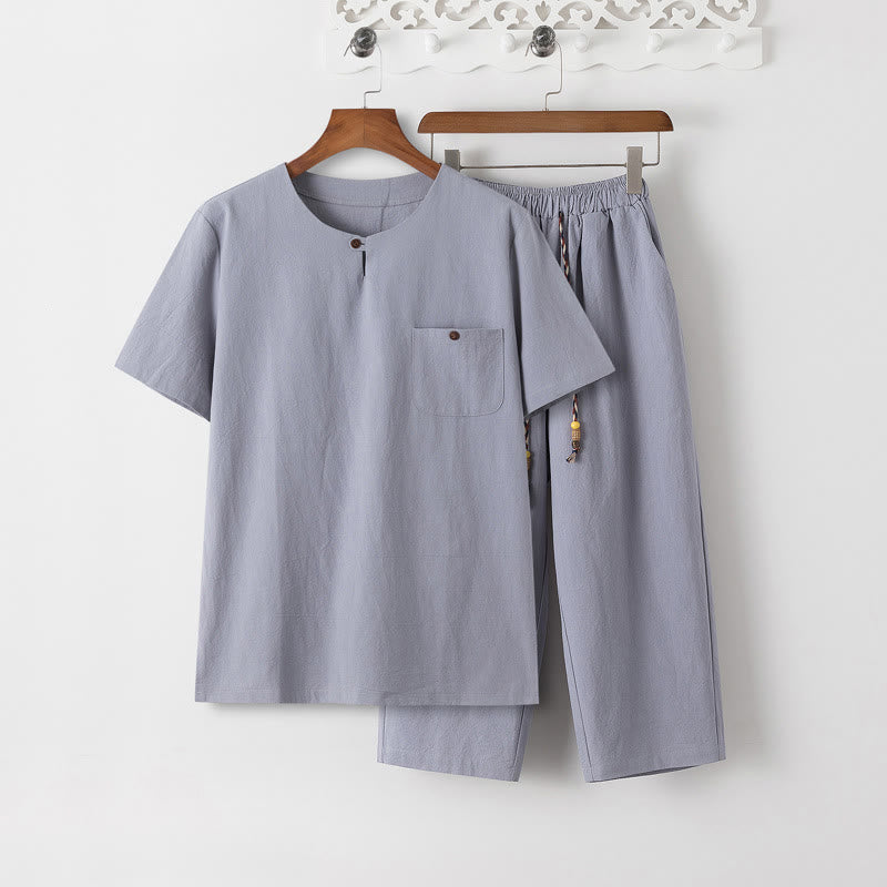 Conjunto de 2 piezas de camiseta de manga corta con estampado de Buddha Stones y pantalones de longitud 7-8, traje Tang de algodón y lino, ropa de meditación para hombre con bolsillos - Camiseta LightSteelBlue y pantalones LightSteelBlue - US/UK/AU46, EU56 (5XL) - image 10