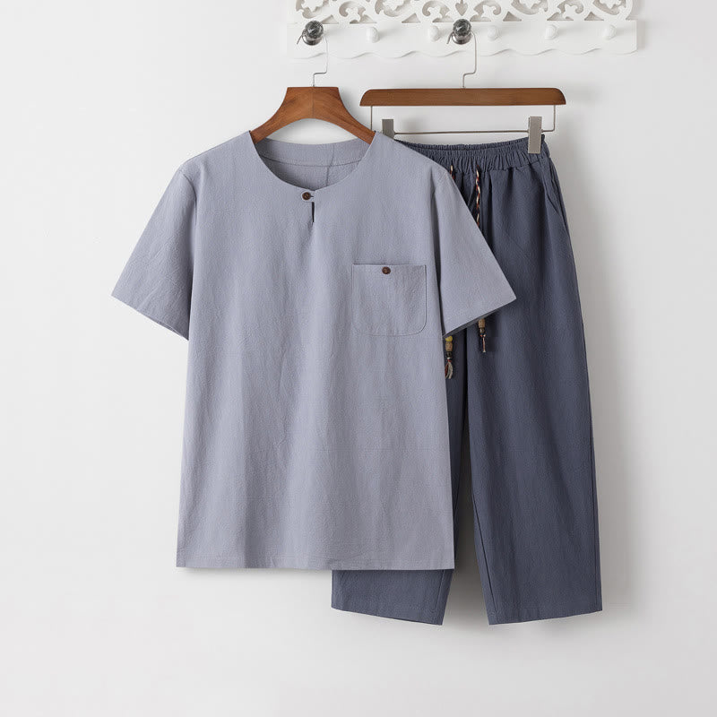 Conjunto de 2 piezas de camiseta de manga corta con estampado de Buddha Stones y pantalones de longitud 7-8, traje Tang de algodón y lino, ropa de meditación para hombre con bolsillos - Camiseta azul claro y pantalones gris pizarra - US/UK/AU46, EU56 (5XL) - image 13