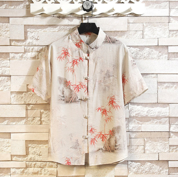 Chaqueta tipo camisa para hombre de manga corta con diseño de mariposas de bambú y botones de rana, con Buddha Stones en verano - Beige - US/UK/AU46, EU56 (5XL) - image 0