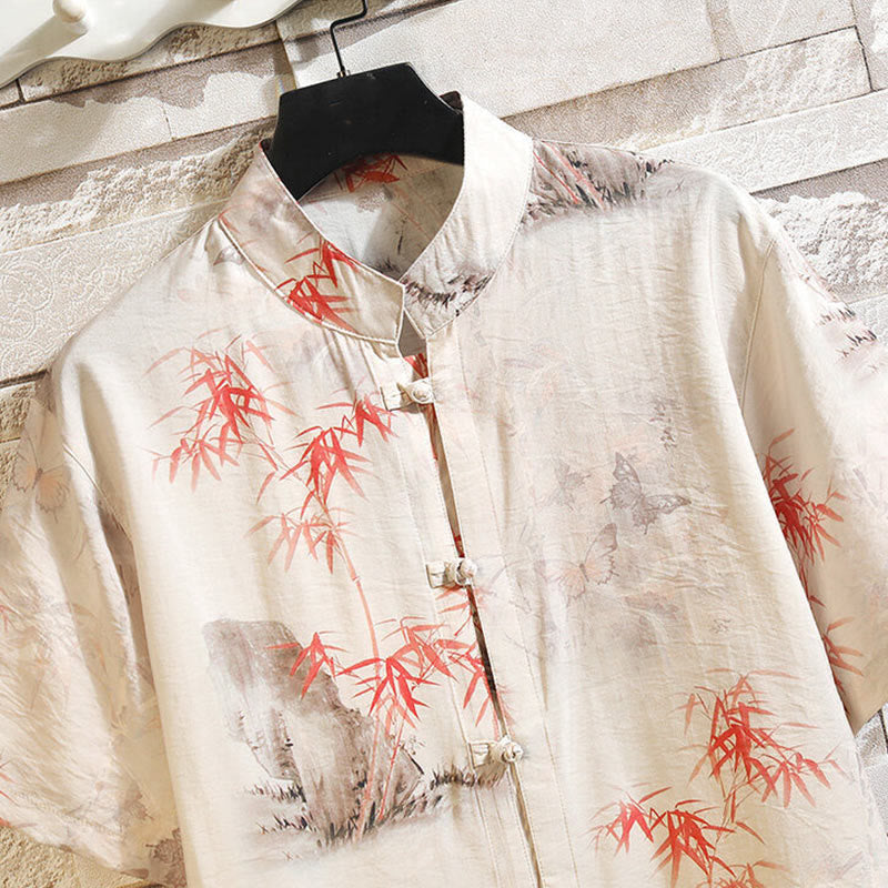 Chaqueta tipo camisa para hombre de manga corta con diseño de mariposas de bambú y botones de rana, con Buddha Stones en verano - image 2