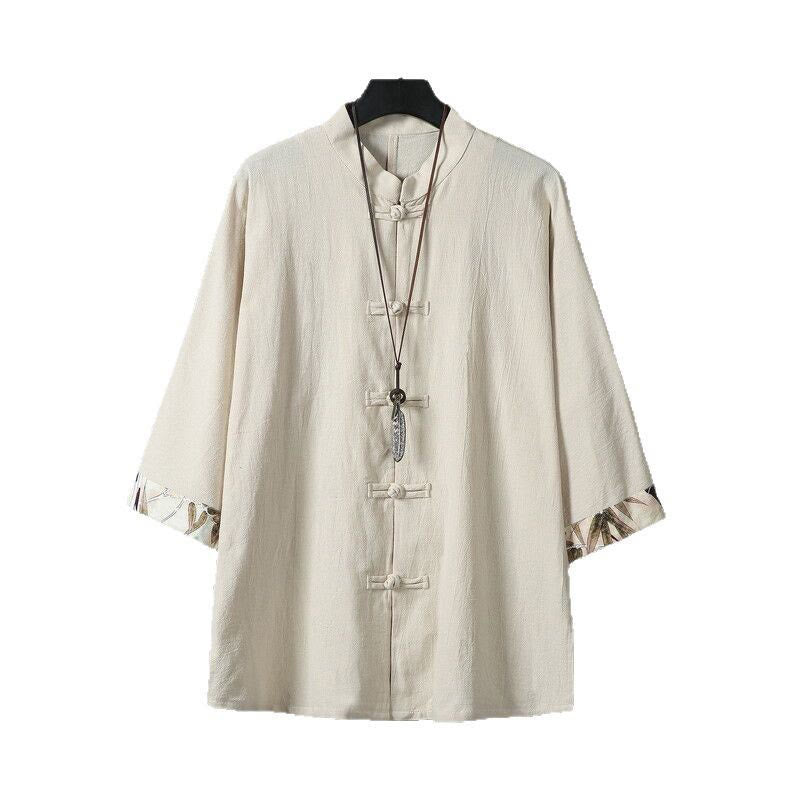Camisa de lino y algodón para hombre, diseño de media manga con botones de rana y estampado de Buddha Stones, de verano - image 13