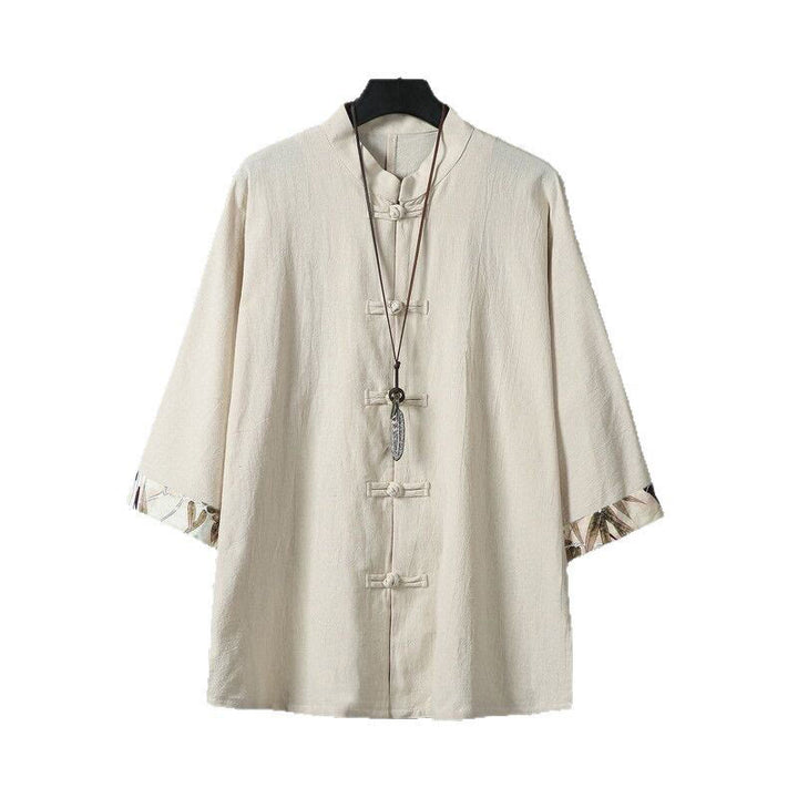 Camisa de lino y algodón para hombre, diseño de media manga con botones de rana y estampado de Buddha Stones, de verano - image 13