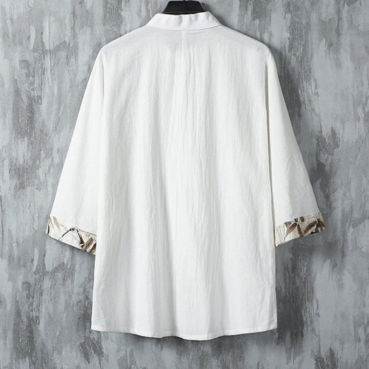 Camisa de lino y algodón para hombre, diseño de media manga con botones de rana y estampado de Buddha Stones, de verano - image 3