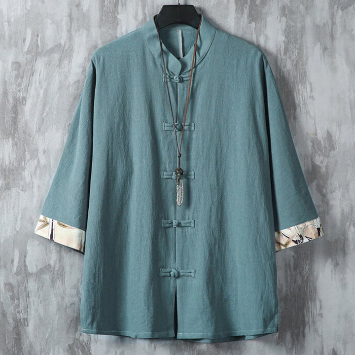Camisa de lino y algodón para hombre, diseño de media manga con botones de rana y estampado de Buddha Stones, de verano - Cian oscuro - US/UK/AU46, EU56 (5XL) - image 11